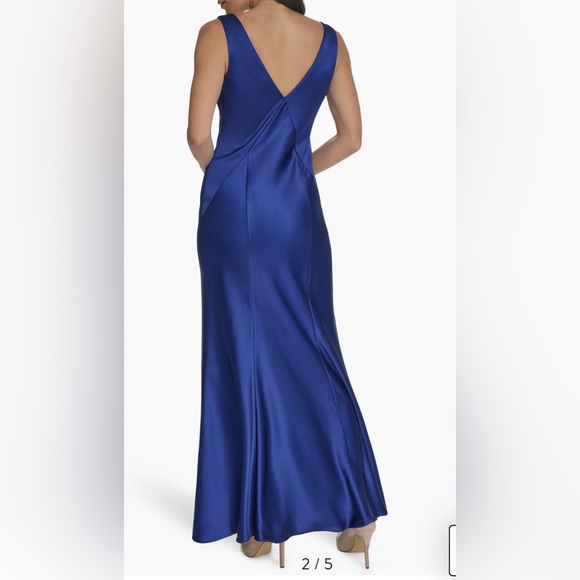 Vince Camuto Royal Blue Satin Maxi Dress Draped neck - Picture 2 of 4
